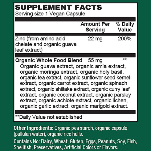 PlantFusion Vegan Zinc Supplements 22 mg, Wholefood Complex, Chelated Zinc Citrate from Organic Guava Leaf