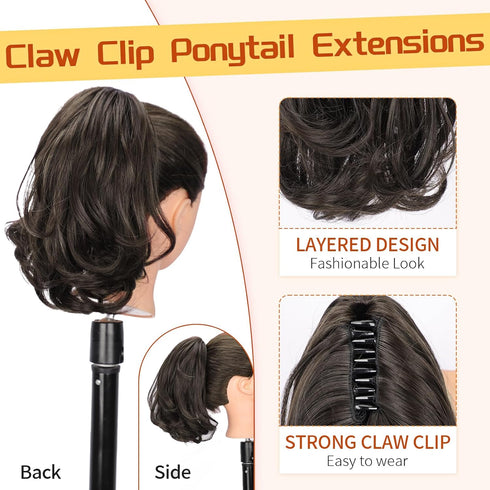 KooKaStyle Ponytail Extension, 10" Short Claw Clip in Pony Tails Hair Extensions Curly Wavy Synthetic Drawstring Ponytail Hair pieces for Women Girls Dark Brown