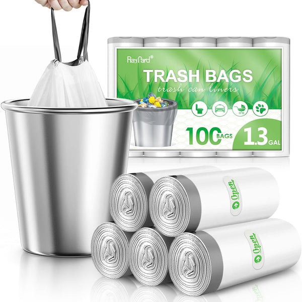 RayPard Mini Drawstring Trash Bags, 1.3 Gallon, 100 Counts, fit 1.3-1.5 Gal, White, Small Plastic Liners