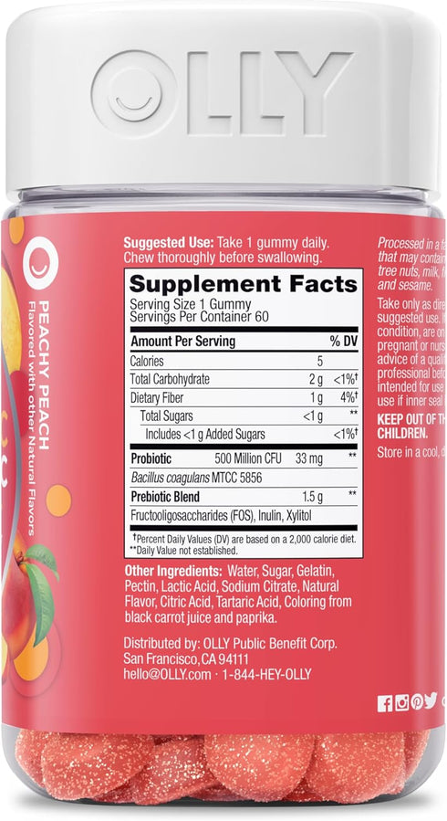 OLLY Probiotic + Prebiotic Gummy, Digestive Support and Gut Health, 500 Million CFUs, Fiber, Adult Chewable Supplement for Men and Women, Peach, 30 Day Supply - 60 Count