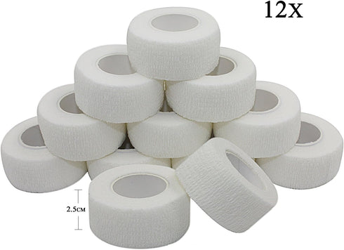 Vet Wrap Medical Tape, 1 inch x 12 Pack, White Self-Adhering Bandage Fabric, Waterproof Wrap