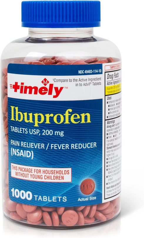 Timely Ibuprofen 200mg 1000 Tablets – Pain Relief Tablets and Fever Reducer for Headache, Menstrual Pain, Body Aches