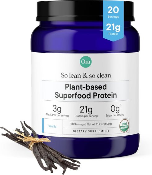 Ora Organic Protein Powder - 21g Plant-Based Superfood for Women and Men, Vanilla Flavor, 20 Servings