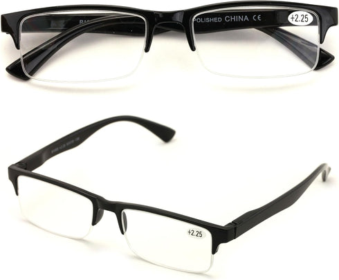 2 Pairs Rectangular Half Rim Reading Glasses, Simple Classic Reader, Black, 1.50