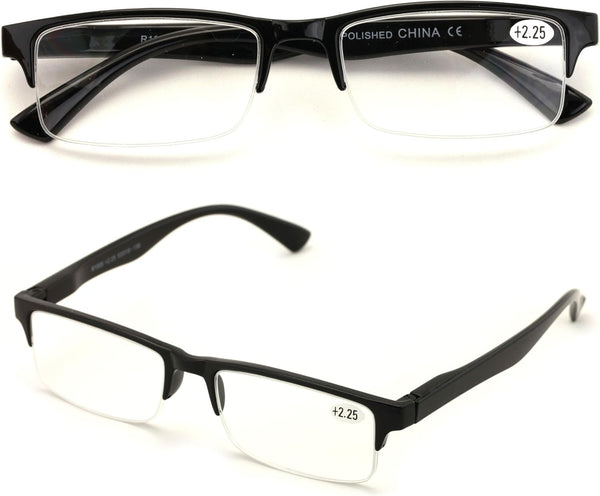 2 Pairs Rectangular Half Rim Reading Glasses, Simple Classic Reader, Black, 1.50