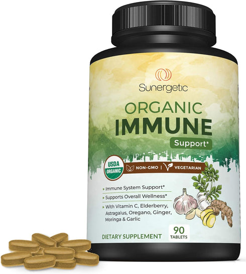 USDA Organic Immune Support Supplement with Vitamin C, Elderberry, and Garlic - 90 Tablets