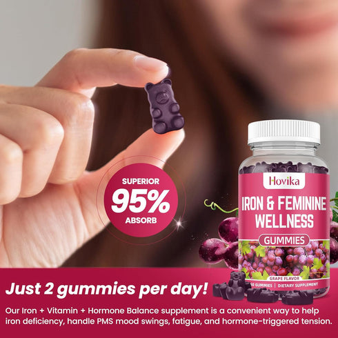 Iron & Hormone Balance for Women Gummies, 25mg Iron Supplement with Multivitamins, Natural Hormonal Support for PMS
