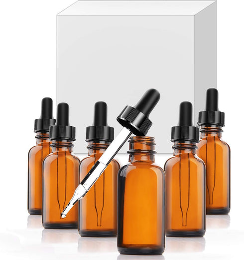 Yesker Amber Glass Bottles: 30 ml (1oz) with Glass Eye Dropper for Essential Oils, Chemistry Lab Chemicals, Pack of 6.