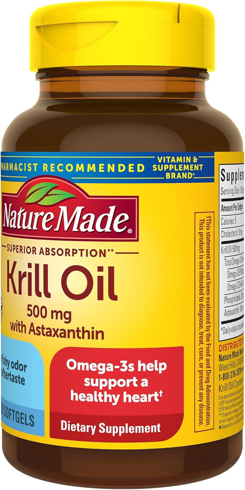Nature Made Krill Oil 500mg, Superior Absorption with Astaxanthin, Omega 3s for Heart Health, 100 Softgels