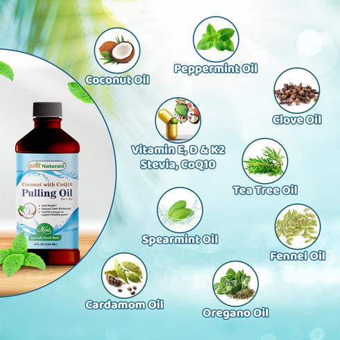 Best Naturals Coconut Pulling Oil with Vitamin D3, E, K2 & COQ10, 8 Fl OZ for Fresh Breath and Gum Health