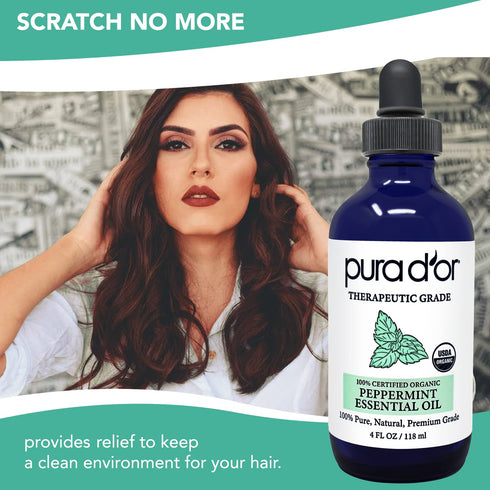 PURA D'OR ORGANIC Peppermint Essential Oil - 4oz with Glass Dropper - 100% Pure & Natural