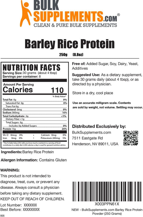 BulkSupplements.com Barley Rice Protein Powder, Vegan, Unflavored, Dairy Free Protein Source, 250g (8.8 oz)