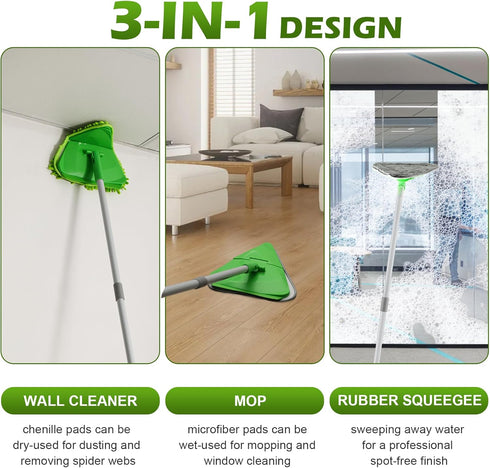 RONSUNG 82'' 4 4 Wall Cleaner Triangle Mop with Long Handle - Wall Scrubber, Cleaning Washer Tool with Microfiber