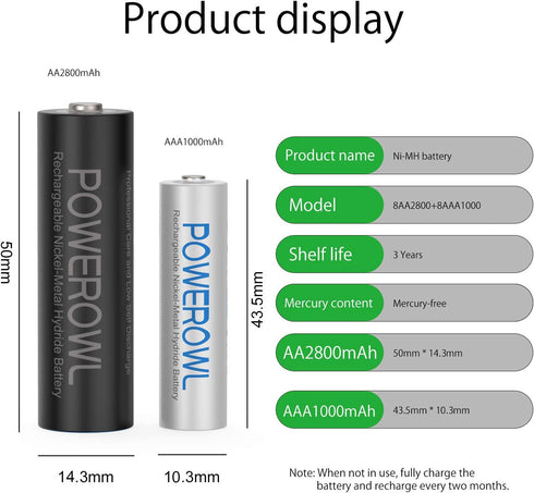 POWEROWL 2800mAh 1000mAh 1.2V Pack 16 AA AAA Rechargeable Batteries, Pre-Charged High Capacity & NiMH Battery Low Self