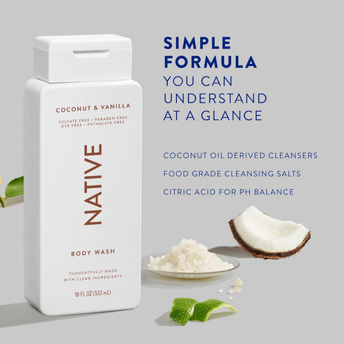 Native Body Wash - Naturally Derived Ingredients for Women & Men, Sulfate, Paraben, & Dye Free, Coconut & Vanilla 18 oz