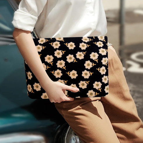Preppy Cute Corduroy Makeup Bag, Cosmetic Bag for Women Travel Essentials (Flower Black)