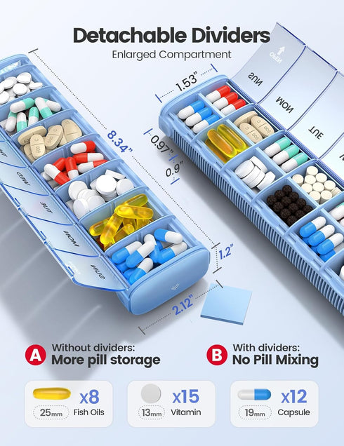Vaydeer Metal Travel Pill Organizer, 7 Day Weekly Pill Box, Large Capacity Daily Cute Pill Case for Supplements, Pills,