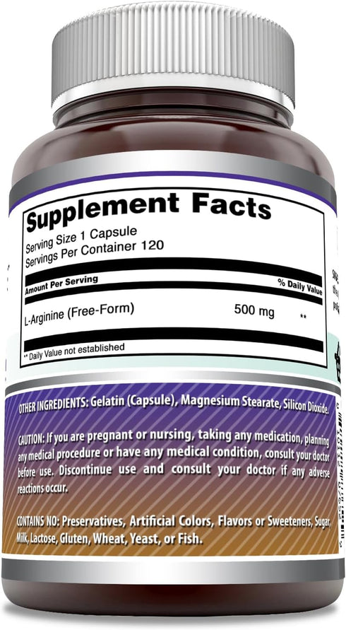 Amazing Formulas L-Arginine Supplement - 500 Mg Per Serving, Non-GMO, Gluten Free Capsules (120 Count)