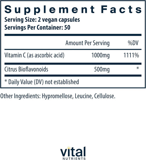 Vital Nutrients Vitamin C with Bioflavonoids | Vegan Supplement for Immune Support* | 1000mg Vitamin C and 500mg Citrus Bioflavonoid | Gluten, Dairy and Soy Free | Non-GMO | 100 Capsules