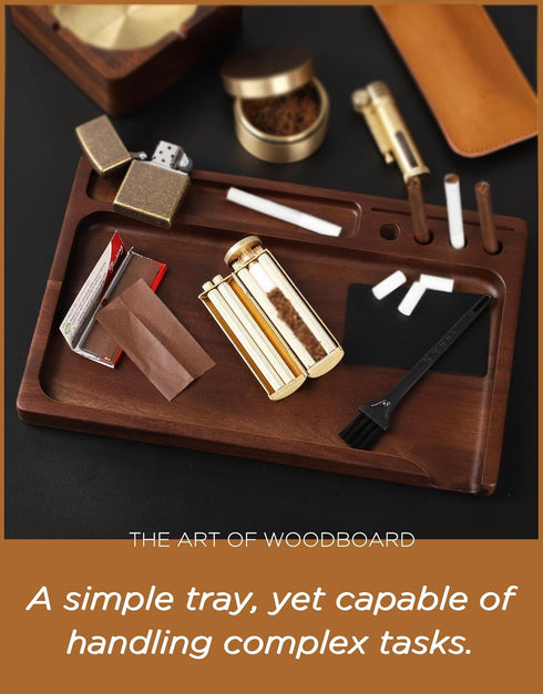 Black Walnut Rolling Tray 11"x7" with Cleaning Brush and Scoop Card, Accessories for Rolling Papers and Grinders