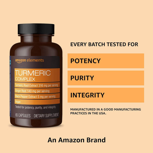 Amazon Elements Turmeric Complex, 316 mg Curcumin, 140 mg Ginger, 5 mg Black Pepper - 65 Capsules