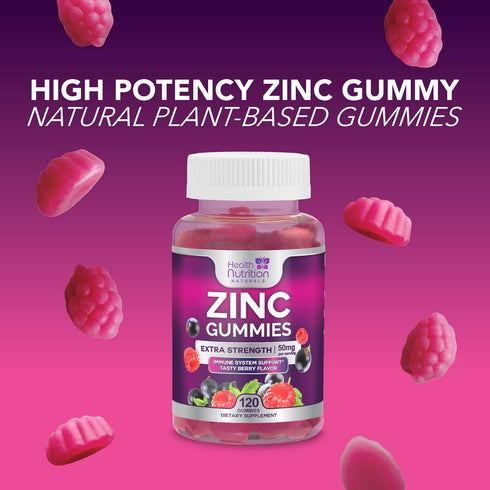 Zinc Immune Support Supplement 50mg - 120 Gummies, Max Strength Zinc for Radiant Skin & Immune Health, Vegan