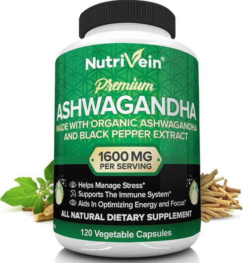 Nutrivein Organic Ashwagandha Capsules 1600mg with Black Pepper Extract - 120 Vegan Pills for Stress Relief & Immune