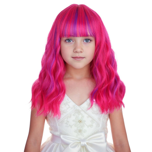 Kids Hot Pink Mixed Purple Wig, Short Wavy Curly Wig for Girls with Air Bangs