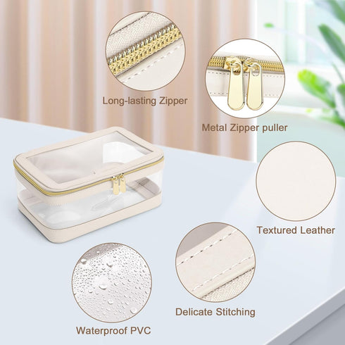 Travel Clear Makeup Bag, Portable Cosmetic Organizer Storage Bag, Leather Makeup Case with Brush Bag, Waterproof,