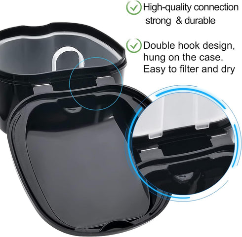 Black Denture Soaking Container, Waterproof Cleaning Case for Partial Denture, Retainer, with Strainer and Lid