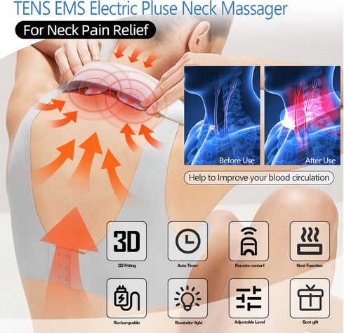 Electric Pulse Neck Massager with Heat for Pain Relief, 10 Modes, 15 Intensities, Cordless Intelligent Massager for