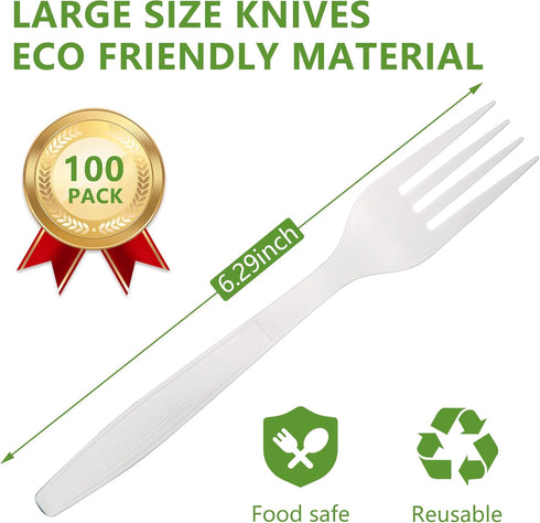HERLLY Compostable Fork,100 Biodegradable Silverware for Party,Large Disposable Utensils Eco Friendly Durable and Heat Resistant,Alternative to Plastic Fork