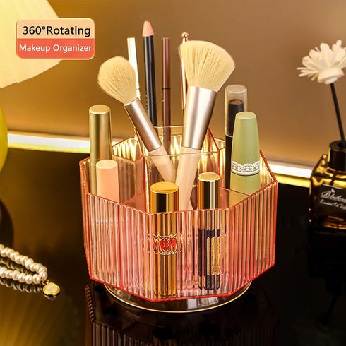LINFIDITE 360°Rotating Makeup Brush Holder Cosmetic Display Case Clear Makeup Lip Gloss Organizer Case with 5 Slots Round Turntable Storage Tray for Vanity, Bathroom, Counter Organizer Clear Pink by LINFIDITE