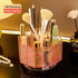 LINFIDITE 360°Rotating Makeup Brush Holder Cosmetic Display Case Clear Makeup Lip Gloss Organizer Case with 5 Slots Round Turntable Storage Tray for Vanity, Bathroom, Counter Organizer Clear Pink by LINFIDITE