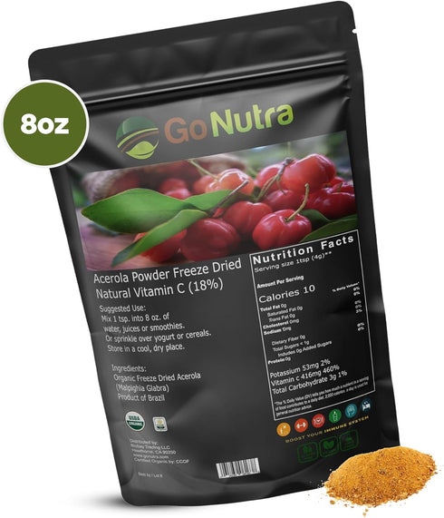 Go Nutra Organic Acerola Powder - Freeze Dried 18% Vitamin C Powder from Brazil - 8oz