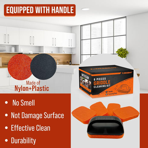 6-Piece Griddle Cleaning Kit for Blackstone, Flat Top Grill Cleaning Kit, Non-Scratch Scouring Pads, 5 Scrubber Pads