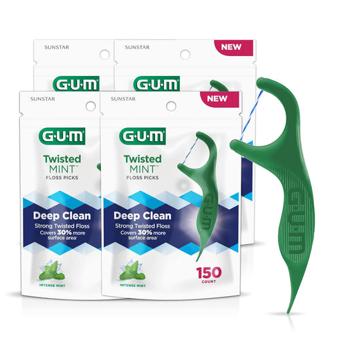 GUM Twisted Mint Floss Picks - Twisted Threads, Shred-Resistant Floss, Easy Grip Handle, 150ct (Pack of 4)