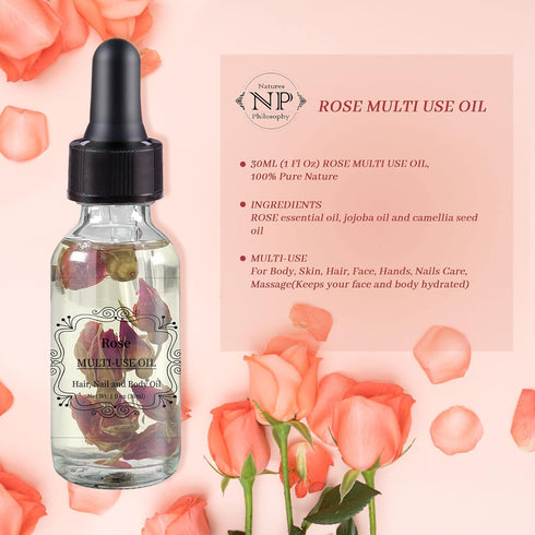 NP NATURES PHILOSOPHY Rose Multi-Use Oil, Organic Essential Oil for Face, Hair, Body, Nails - 1 Fl Oz