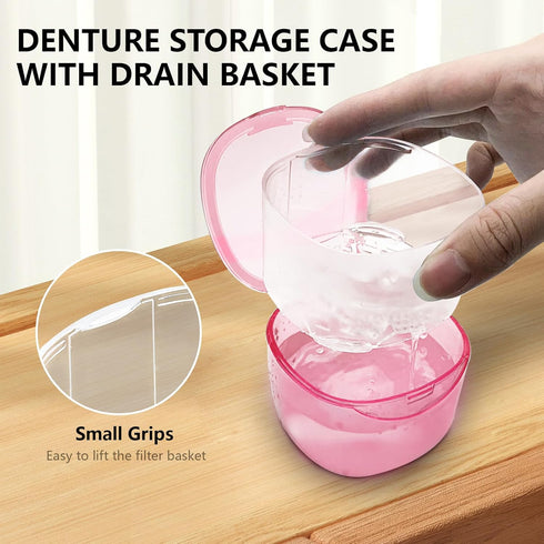 Transparent Pink Travel Denture Case with Brush, Leak Proof Denture Cleaning Container for False Teeth