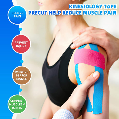 Kinesiology Tape Precut Strips - 4 Rolls Precut Muscle Support & Pain Relief Sport Tape, Waterproof & Breathable