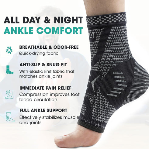 INDEEMAX Ankle Brace Compression Sleeve, Copper Infused Support for Sprained Ankle, Plantar Fasciitis, Sliver Black, M