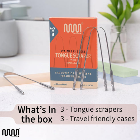 MasterMedi Tongue Scraper for Adults, 100% Stainless Steel, Set of 3 with Travel Case for Bad Breath & Oral Care