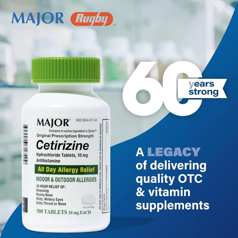 MAJOR Cetirizine Hydrochloride Tablets 10 mg, Antihistamine for Allergies, 24-Hour Relief, 500 Count