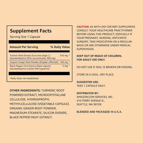 Amazon Elements Turmeric Complex, 316 mg Curcumin, 140 mg Ginger, 5 mg Black Pepper - Joint & Immune System, Healthy Inflammation Response - 65 Capsules (2 month supply)