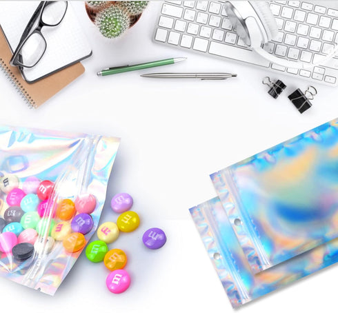 ANZNKU 50 Pack Holographic Bags, 5" x 7" Resealable Small Baggies, Foil Pouch Rainbow Color Packaging Bags for Small