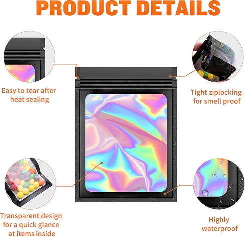 100 Pieces Resealable Mylar Bags, Small Holographic Smell Proof Packaging Bags for Food/Jewelry/Eyelash (White, 4.7x7.8