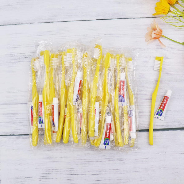 Disposable Toothbrush Set Pack of 150, Yellow Hollow Individually Wrapped Manual Travel Toothbrush Kit for Adults,