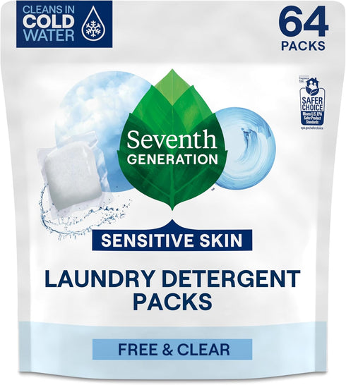 Seventh Generation Laundry Detergent Packs, 64 Count, Free & Clear, Made for Sensitive Skin, EPA Safer Choice