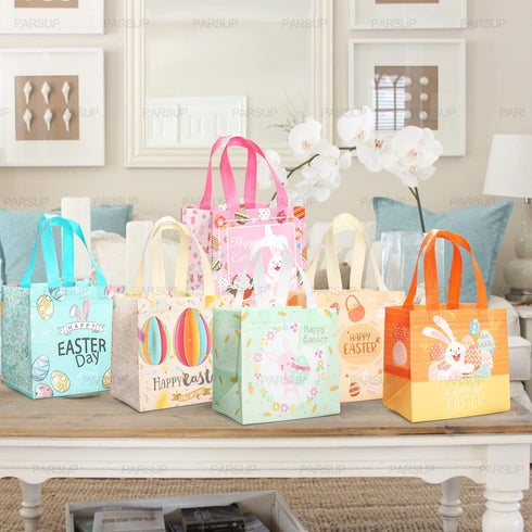PARSUP 12PCS Happy Easter Bunny Carrot Chick Egg Hunt Gift Bags with Handles, 8.3×7.9×5.9inch, Easter Party Supplies