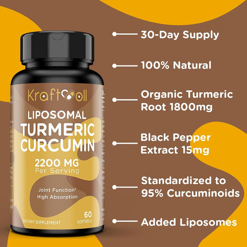Liposomal Turmeric Curcumin Supplement 2200 mg with Black Pepper Extract 15 mg for Joint Function, 60 Softgels